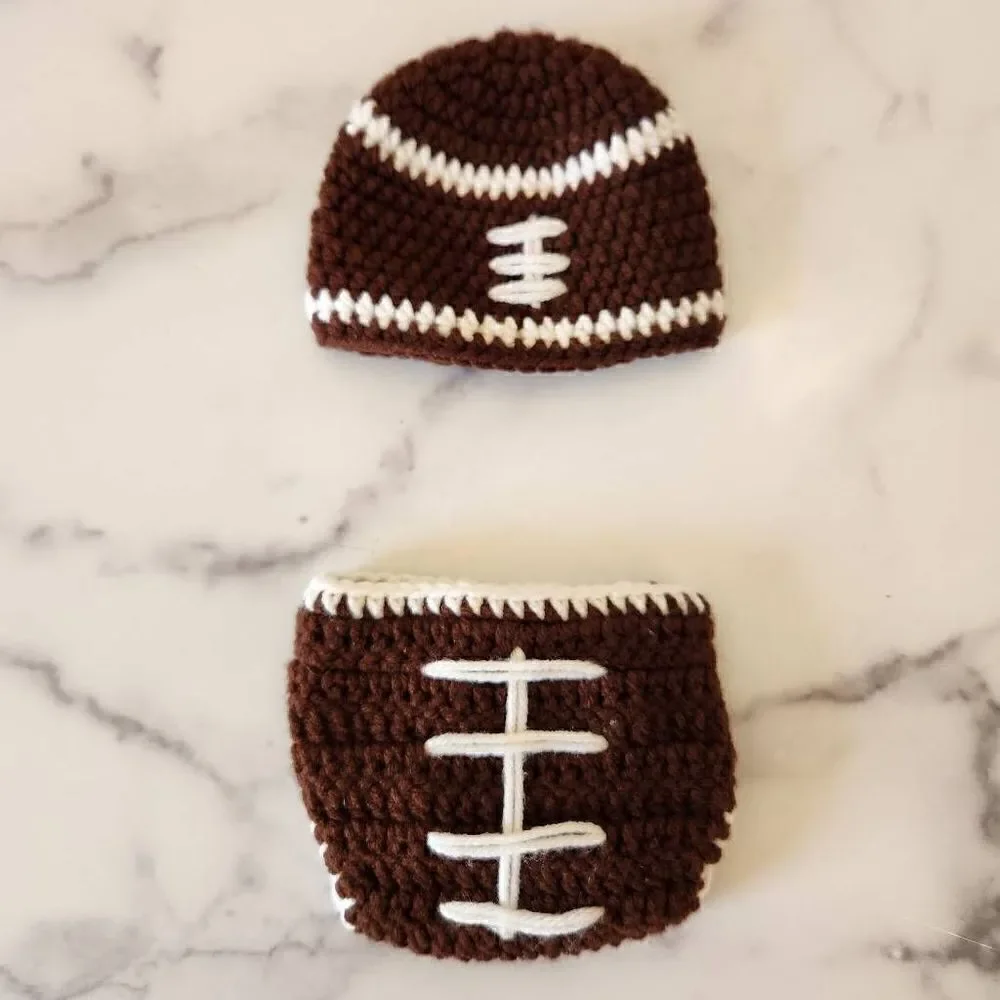 Newborn baby boy handmade brown white football crochet knit beanie diaper cover